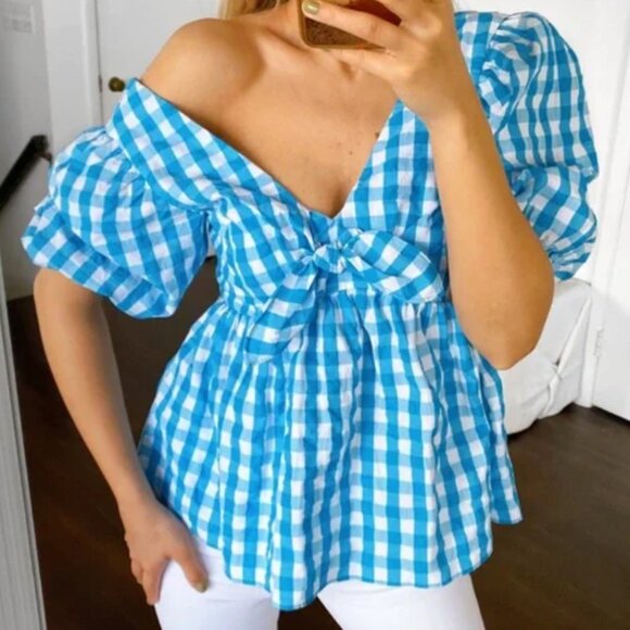 LILLY PULITZER Sarafina Crinkle Gingham Top Turquoise Oasis Blue Size 2 - Picture 2 of 9